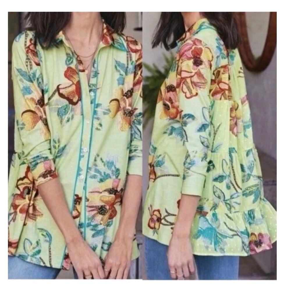 Soft Surroundings Floral Embroidered Tunic Shirt‎ PM Sage Green Swiss Dot Tiered